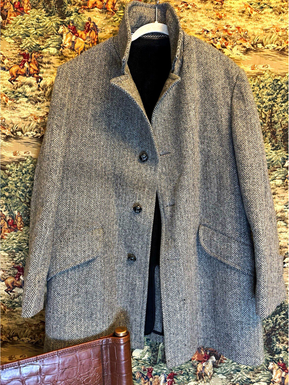 Anderson-Little Men's Gray Herringbone Wool Overcoat Faux Fur Lined Size 44